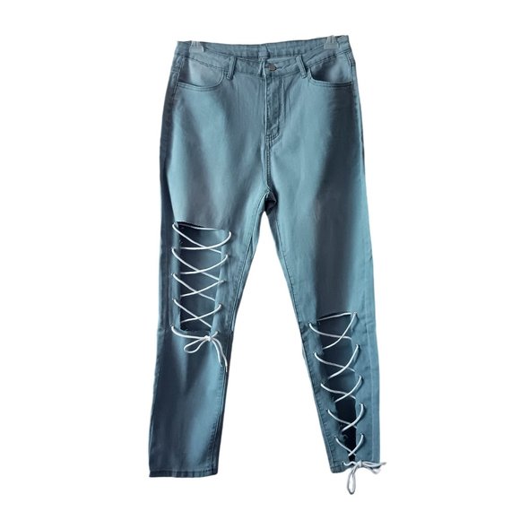 Women Light Blue Lace Up Skinny Jeans- Size 2XL - Picture 1 of 4